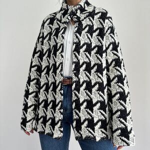 Chicos Jacket Womens XL Wool Blend Knit Cardigan Houndstooth Check Mock Neck